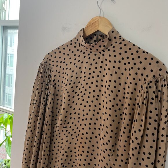 Ganni Brown & Black Polka Dot High Neck Long Sleeve Blouse Size 34 - Picture 2 of 8